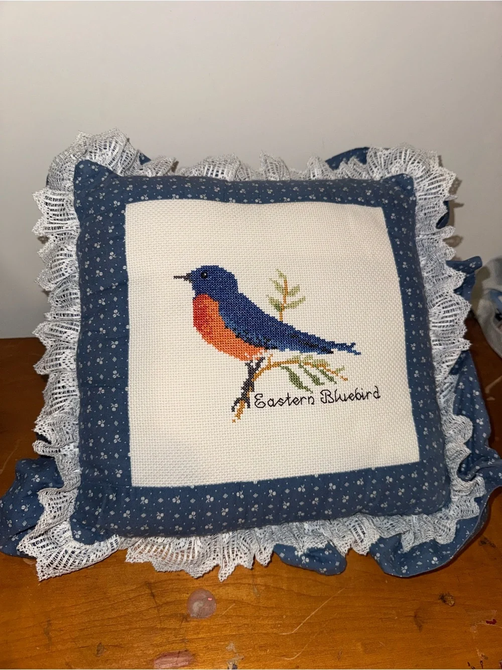 Decorative Eastern Bluebird Cross-Stitch Throw Pillow in Blue and White